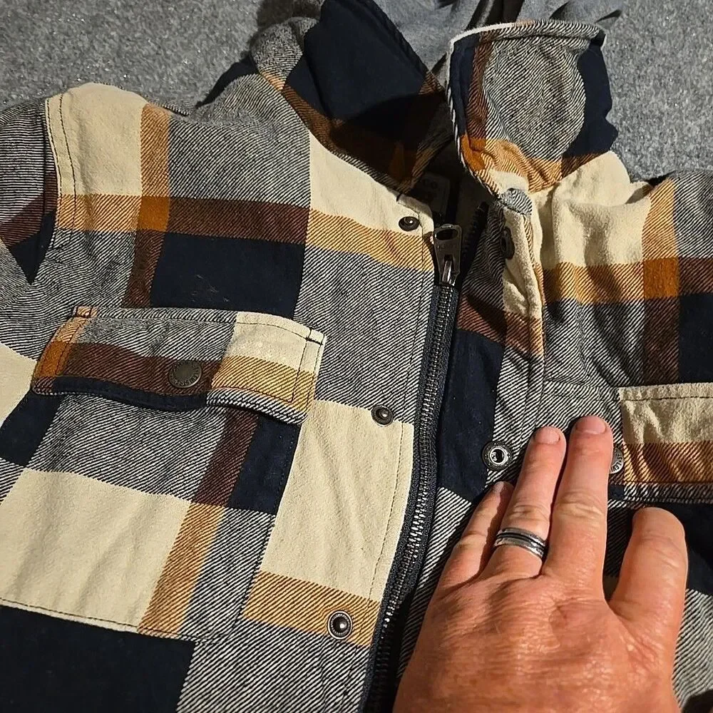 Levi's Sherpa Lined Hooded Jacket Mens Small Brown Plaid Front Zip Pockets